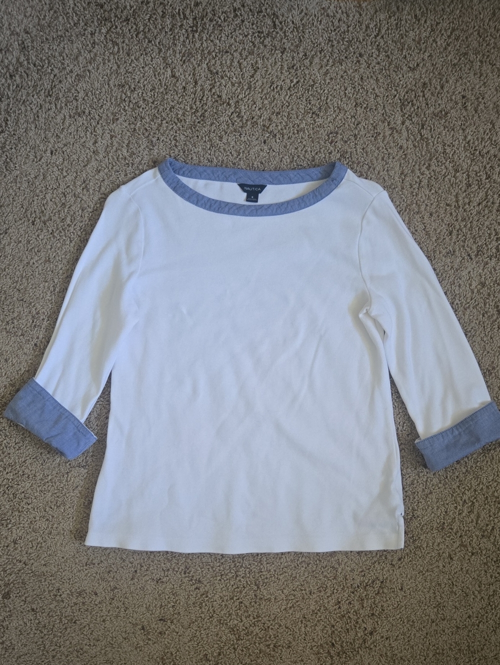 Nautica Womens White Cotton Top with Chambray Trim